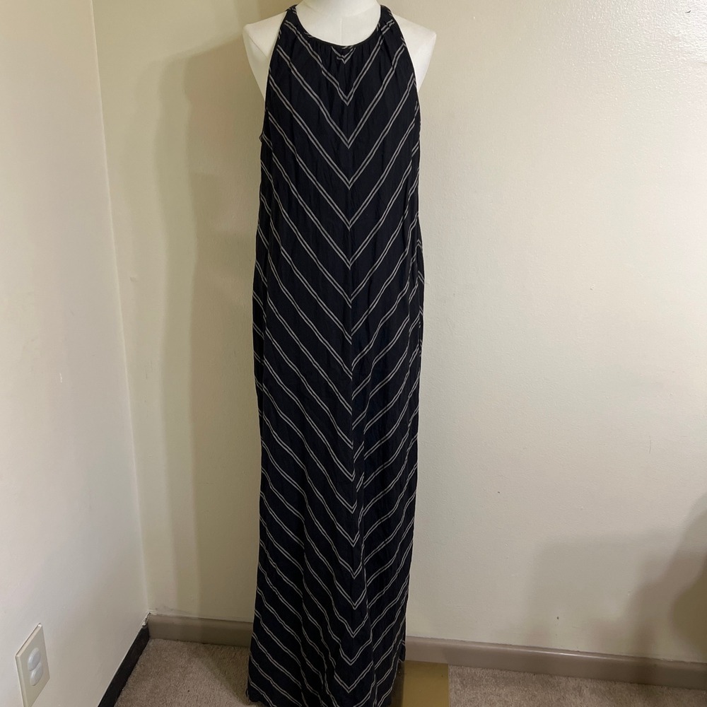 J.Crew Black White Chevron Stripe 100% Linen MaxiDress 10T Tall Sleeveless